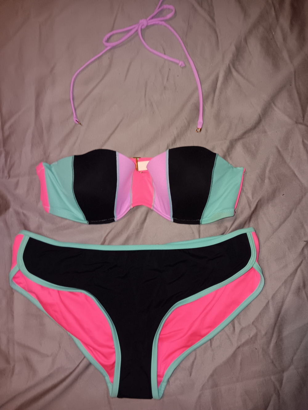 Victoria's Secret Pink, Black & Mint Colorblock Bandeau Bikini